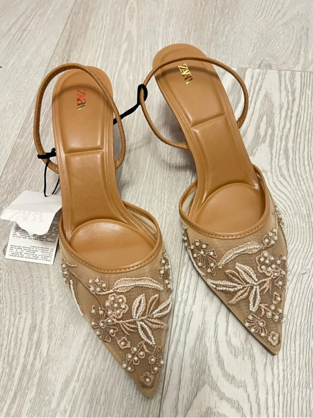 Zara tan embroidered & beaded mesh sling-back heels. 10 NWT